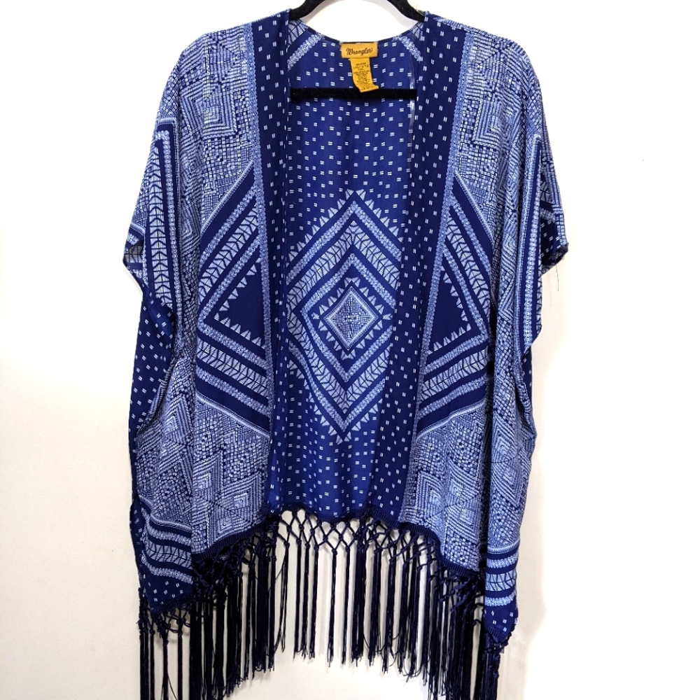 💙✨ Wrangler Navy Blue White Bandana Western Fringe Boho Gypsy Kimono L X